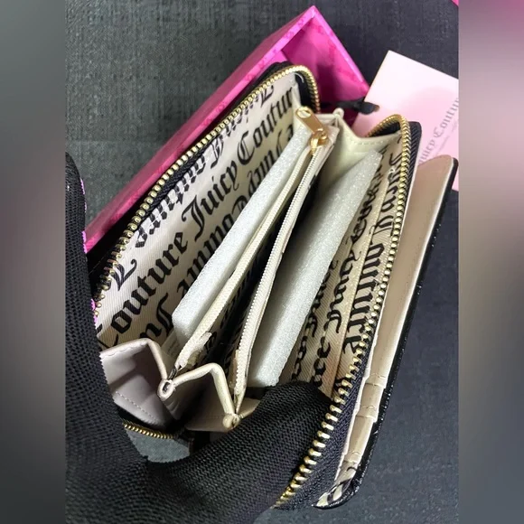 Juicy Couture Black Faux Leather Gold Bifold Beaded Heart Wallet Zipper NEW NWT - Picture 5 of 14